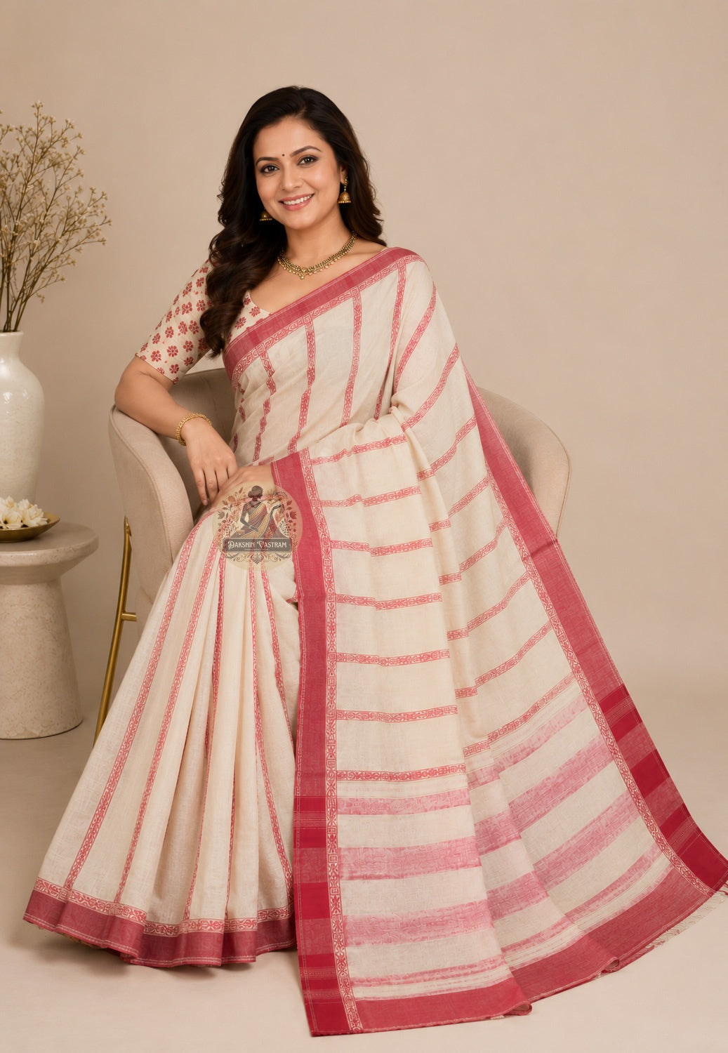 Side view of handwoven Bengali cotton saree showing pallu fall and border for festive occasion