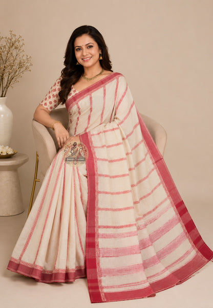 Side view of handwoven Bengali cotton saree showing pallu fall and border for festive occasion