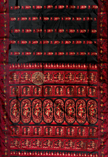 Side view of Baluchari Pure Silk Saree showing wedding reception drape and lotus chain handloom border Bishnupur Bankura Bengal
