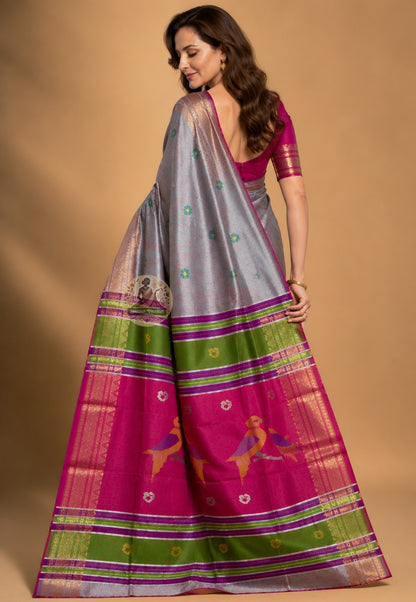 Side view of Bishnupur Pure Katan Silk Saree showing Navami ceremonial drape and diagonal stripe zari handloom border