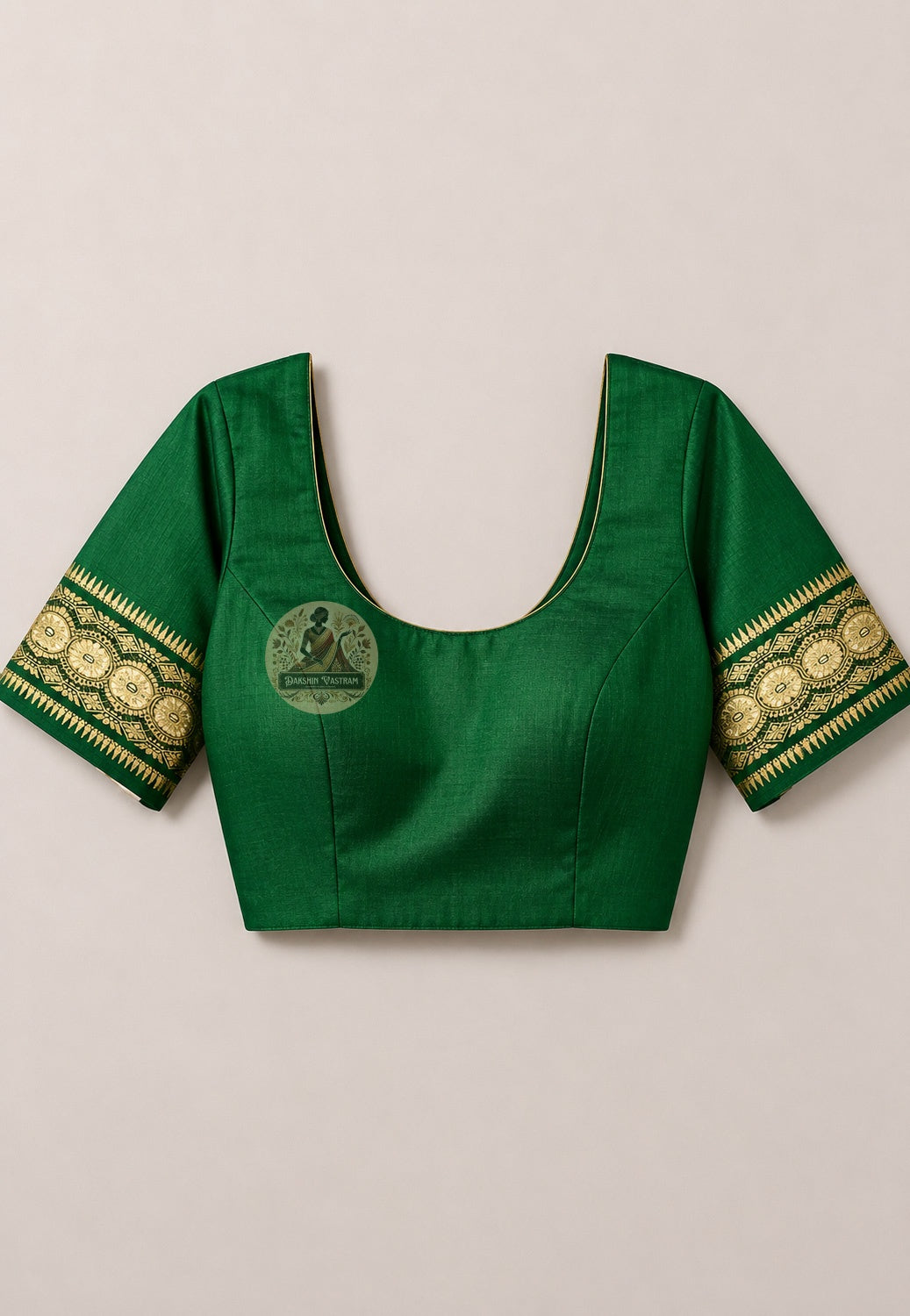 Matching unstitched blouse piece of Swarnachari silk saree in pure handloom silk with golden zari witness border trim, included with saree for tailoring to complete the look