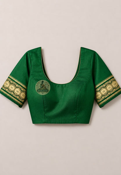 Matching unstitched blouse piece of Swarnachari silk saree in pure handloom silk with golden zari witness border trim, included with saree for tailoring to complete the look