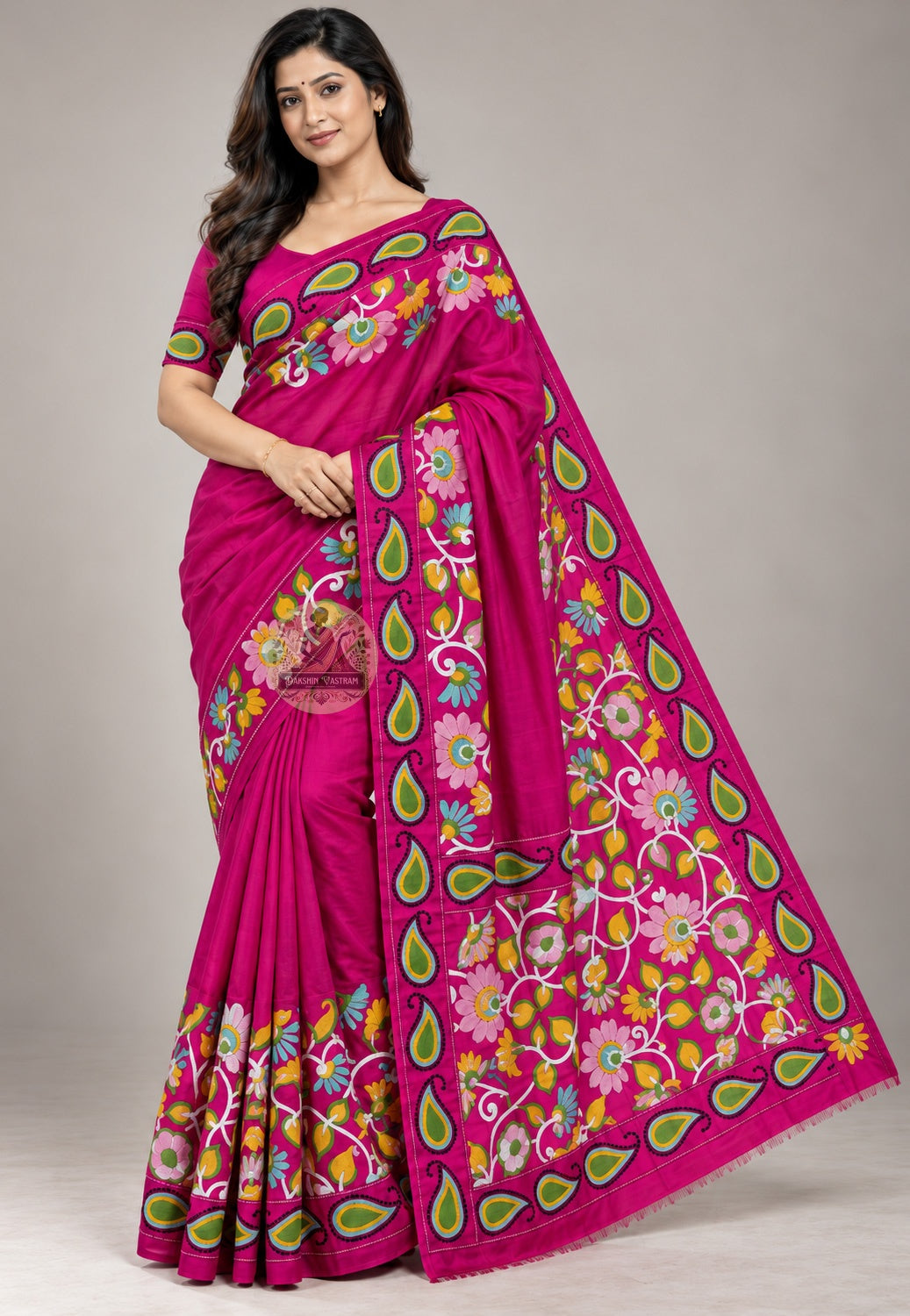 Front view of Bishnupur handloom pure cotton silk saree in traditional drape, handwoven in West Bengal