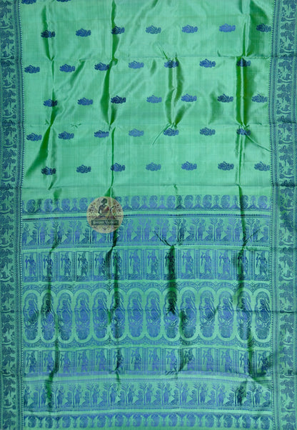Full saree view of green Baluchari silk with blue borders and an elaborate figurative pallu