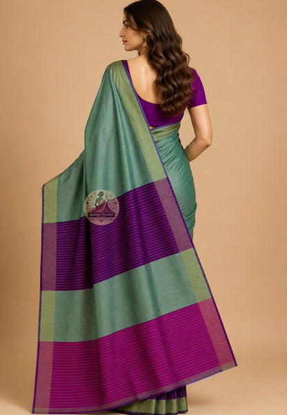 Rear view of handwoven Bishnupur Katan Silk Saree revealing the full pallu with hand-woven heritage motifs drawn from Bishnupur's terracotta temple tradition, placed with the restraint and precision of a weaver who knows that the most powerful things do not try too hard