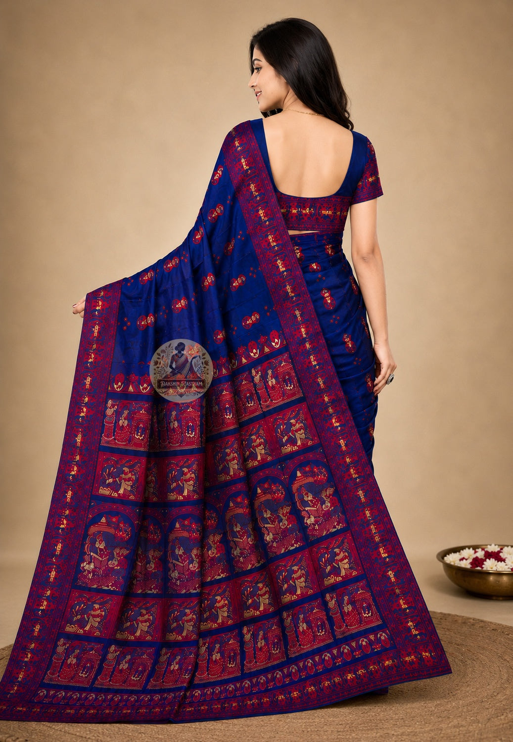 Rear view of handwoven Baluchari Silk Saree revealing the full pallu with Mahabharata and Ramayana narrative figures woven with dignity and precision thread by thread in Bishnupur Bengal