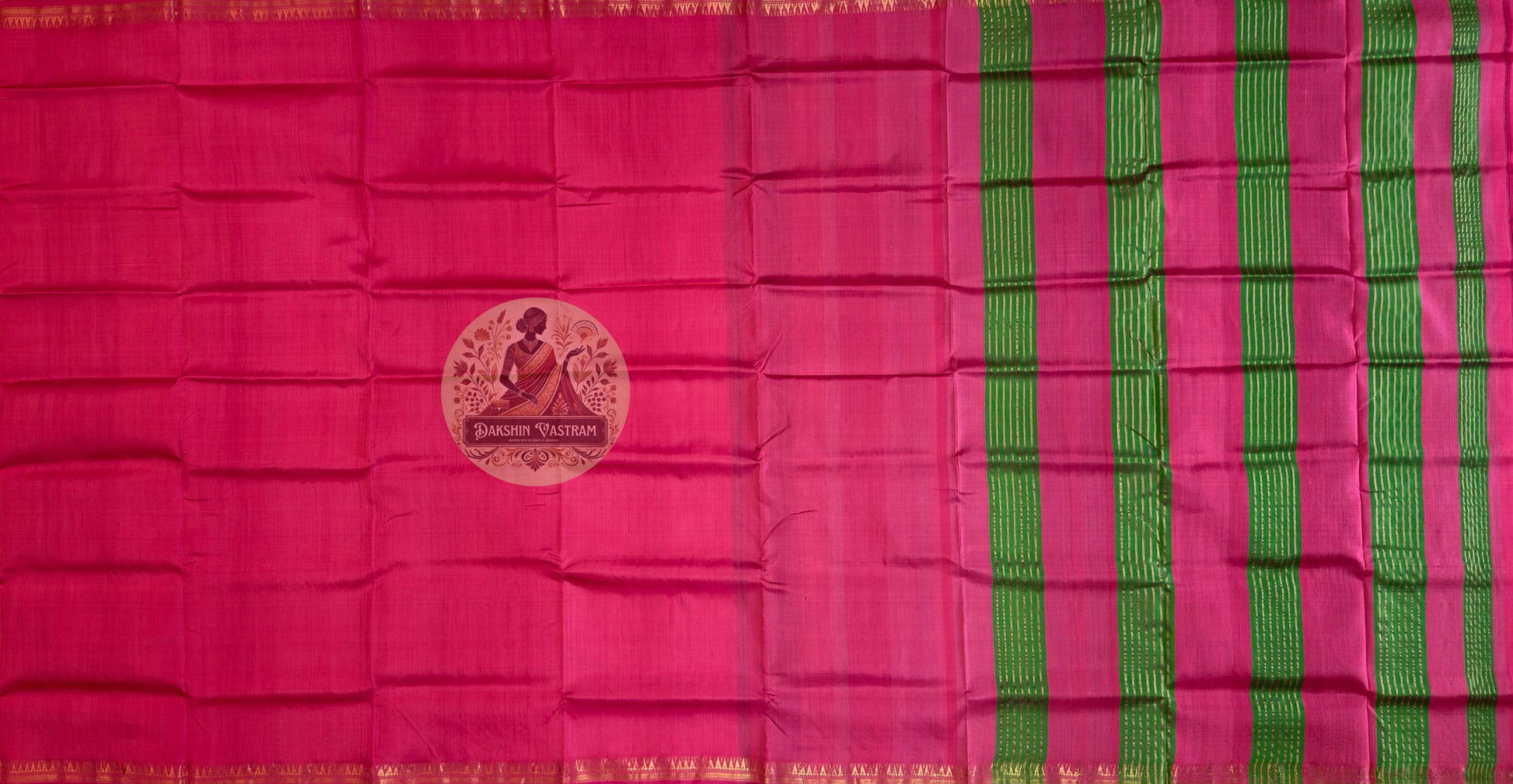 Full flat lay of Bishnupur pure silk saree showing complete 6-yard length, dense pallu and structured woven border
