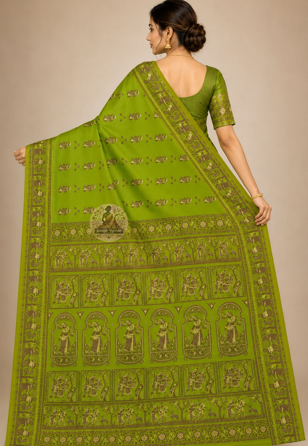 Front view of woman wearing Baluchari Silk Saree with gold temple jewellery, Durga Puja festive occasion