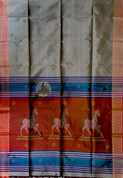 Close-up of Bengal scroll butis woven into pallu of Bishnupur Katan Silk Saree Durga Puja artisan handloom