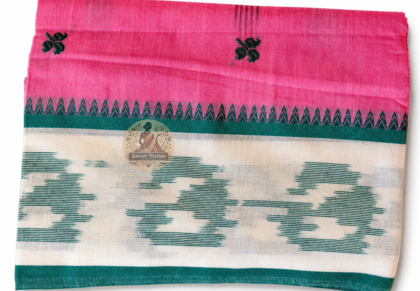 Full length view of pure cotton handloom saree without blouse, displaying complete body, border, and pallu for college functions and festive occasions