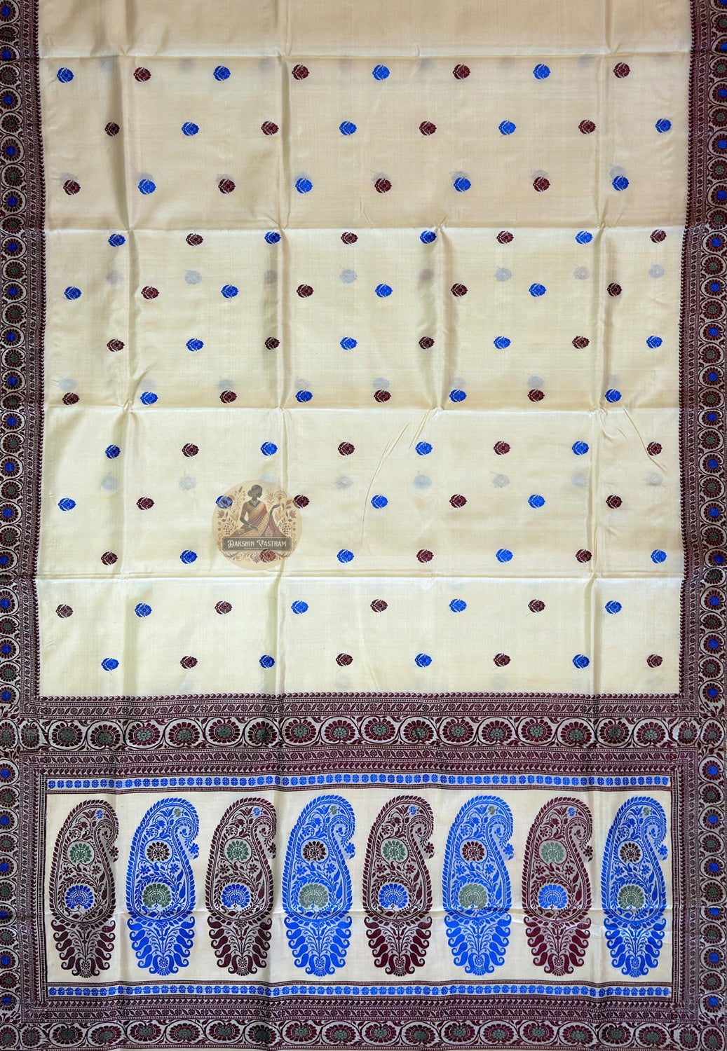 Close-up of blouse piece of premium Baluchari Silk Saree featuring intricate hand-woven border patterns in fine pure Bengal silk, part of Dakshin Vastram Durga Puja Collection 2026
