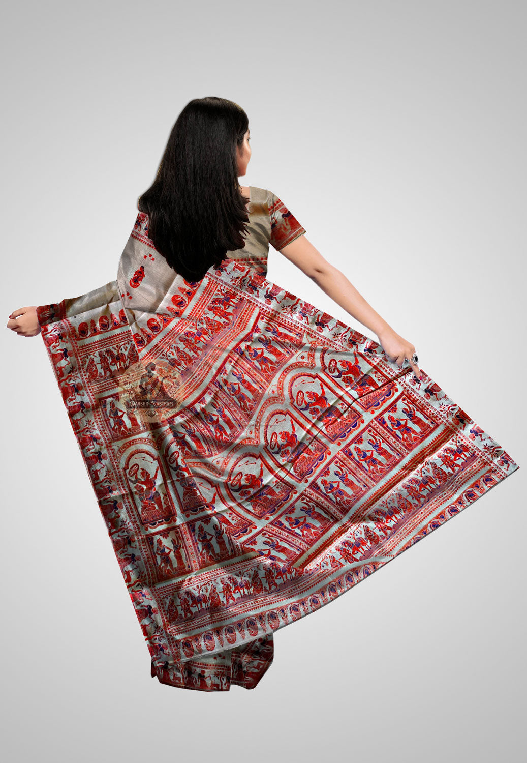 Rear view of Handloom Baluchari Saree highlighting the rich detailing and soft texture