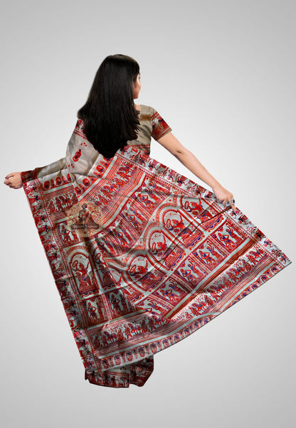 Rear view of Handloom Baluchari Saree highlighting the rich detailing and soft texture