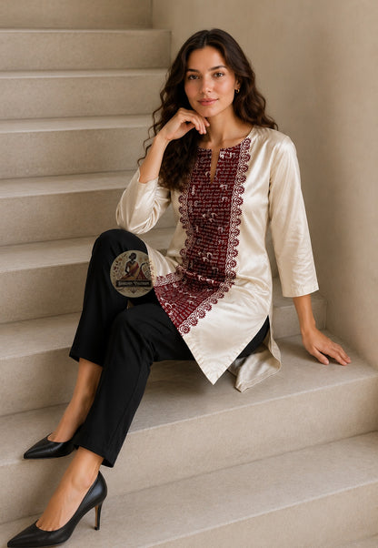 Front view of Baluchari Silk Kurti Piece with hand block print Bengal lotus medallion and zigzag wave border Bishnupur West Bengal