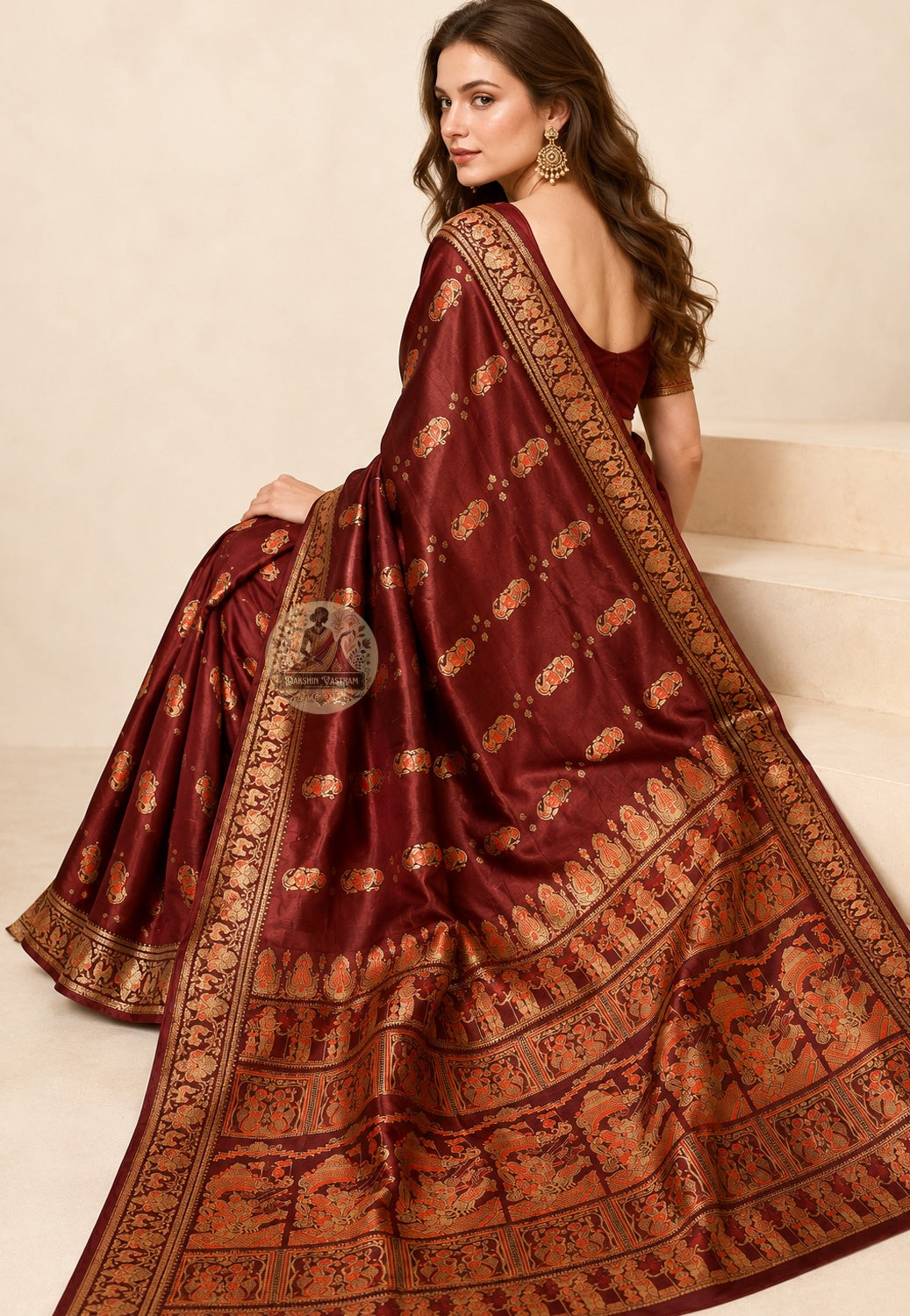 Front view of woman wearing deep wine Swarnachari Silk Saree with gold silk blouse Navratri Navami evening Bishnupur West Bengal