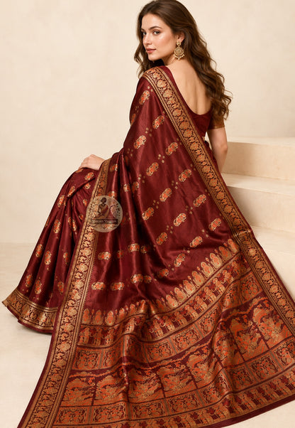 Front view of woman wearing deep wine Swarnachari Silk Saree with gold silk blouse Navratri Navami evening Bishnupur West Bengal