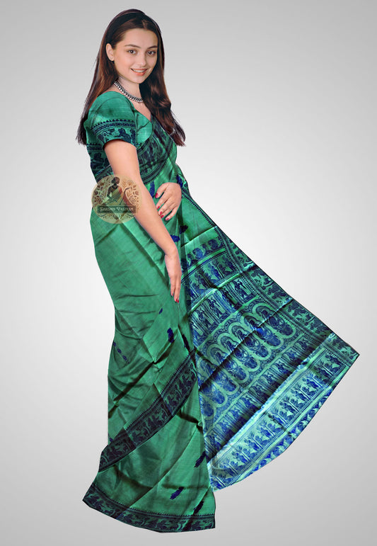 Side view of Handloom Baluchari Saree highlighting elegant draping and craftsmanship