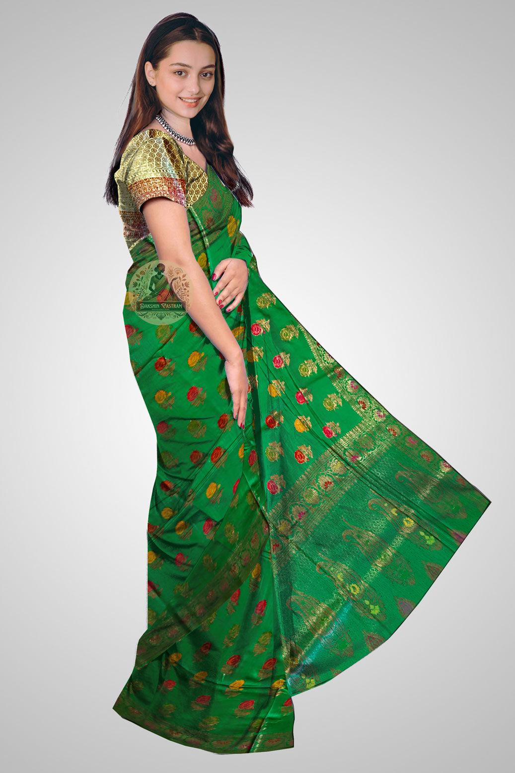 Shop Muga Saree online – Side drape showing authentic handloom weave