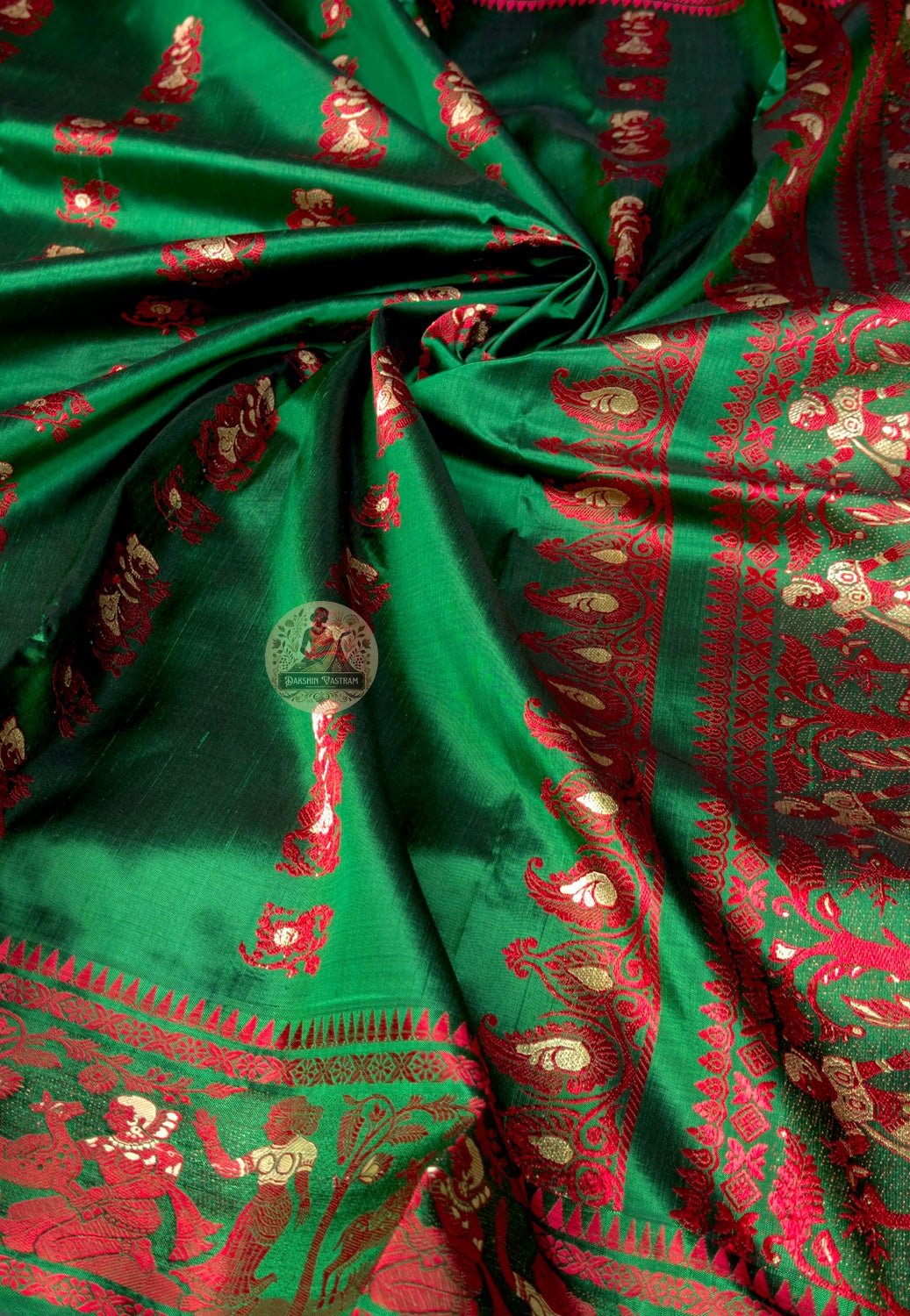 Full saree view of Bishnupur Baluchari pure mulberry silk narrative heirloom handloom saree with matching blouse piece for Durga Puja Diwali weddings and prestige gifting