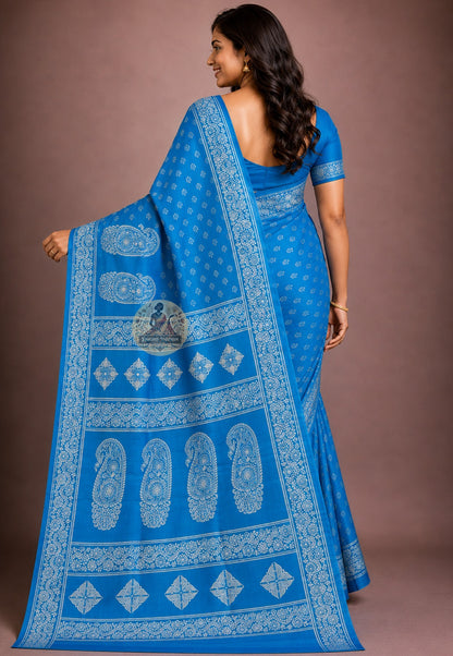 Side view of Bishnupur Pure Katan Silk Saree showing composed gifting drape and running vine lattice handloom border