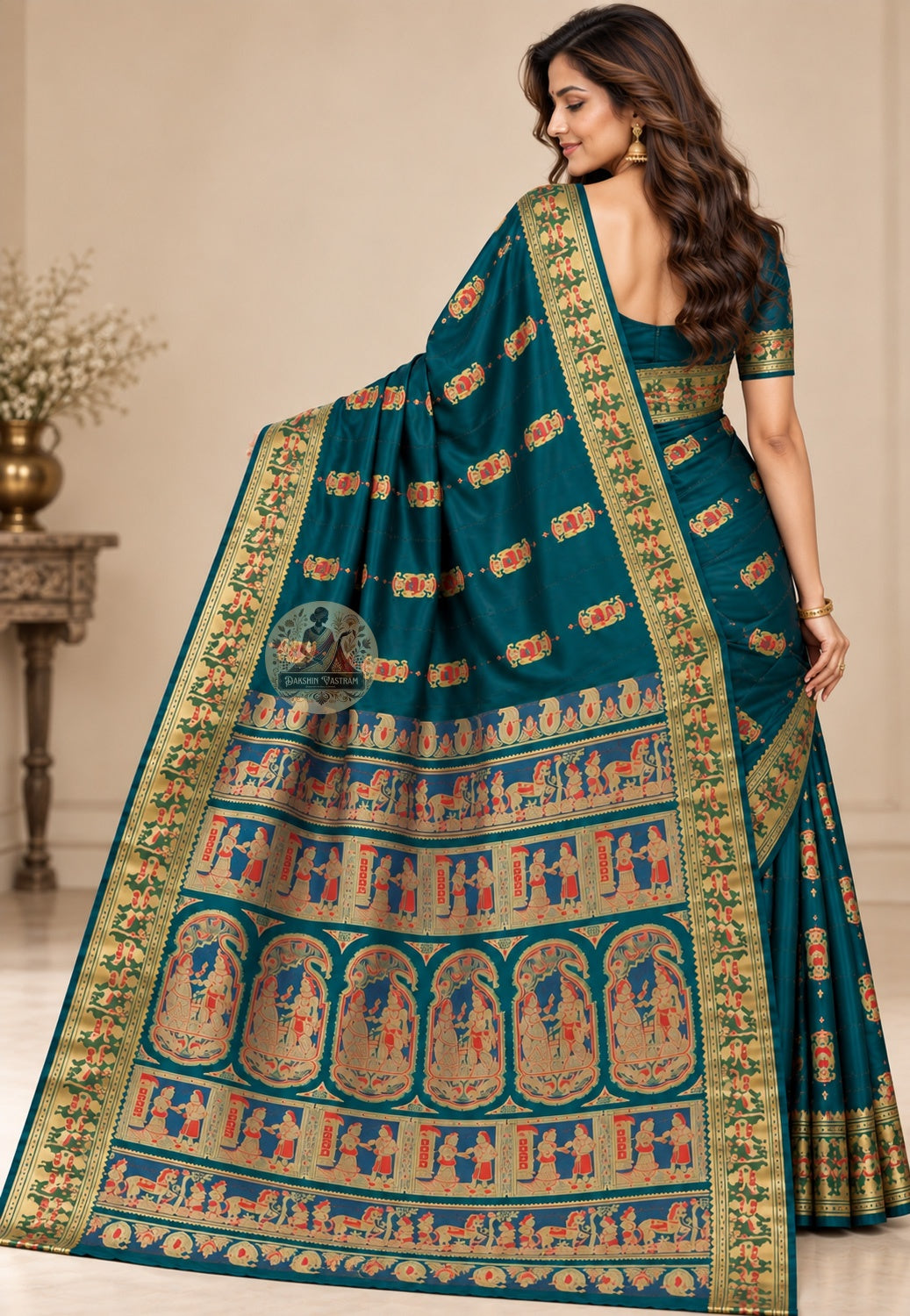 Front view of Swarnachari silk saree showing pure silk body with luminescent golden zari royal court and temple art motifs woven directly into Bengali handloom fabric
