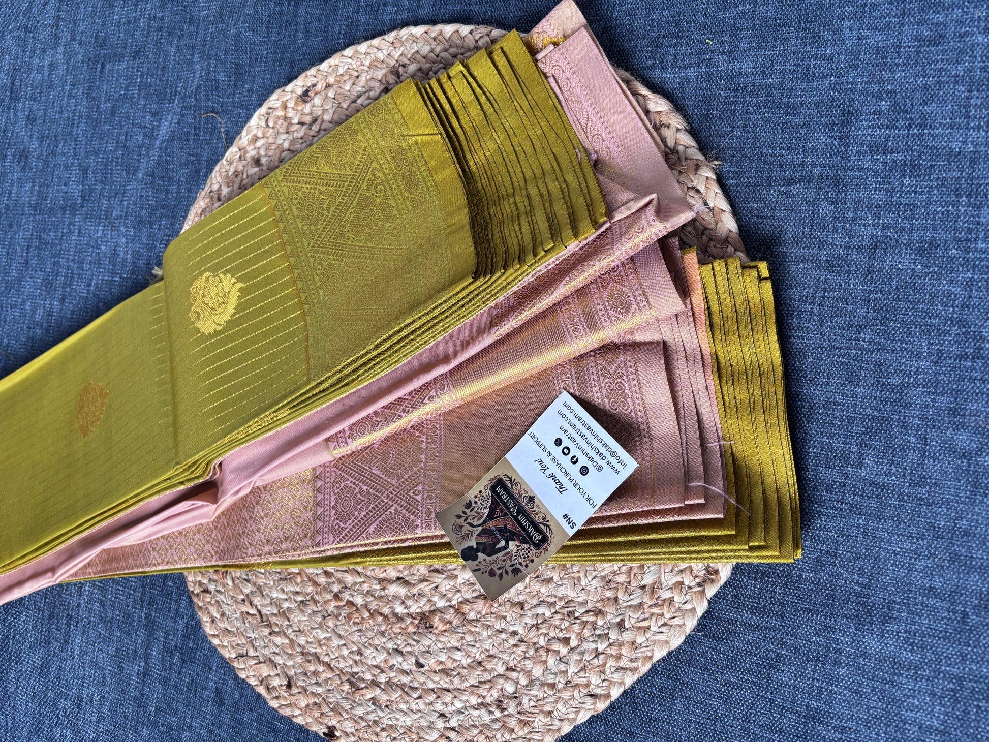 Semi Kanjivaram saree flat lay showing zari pallu and blouse piece – new arrival Indian saree UK