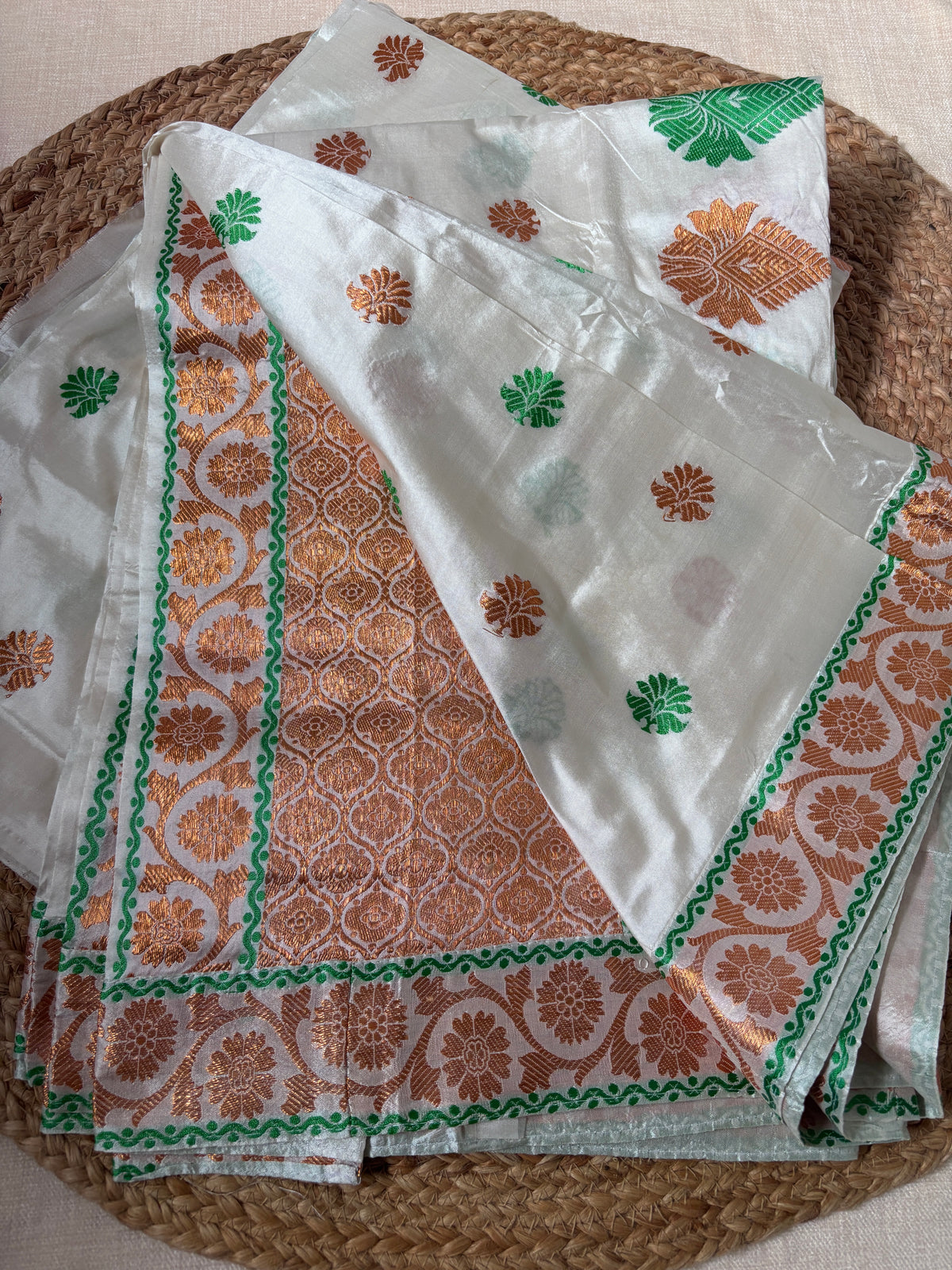 Matching blouse piece included with Paat Mekhela Chador elephant border temple vine Bihu gala Assamese wedding authentic Assam silk