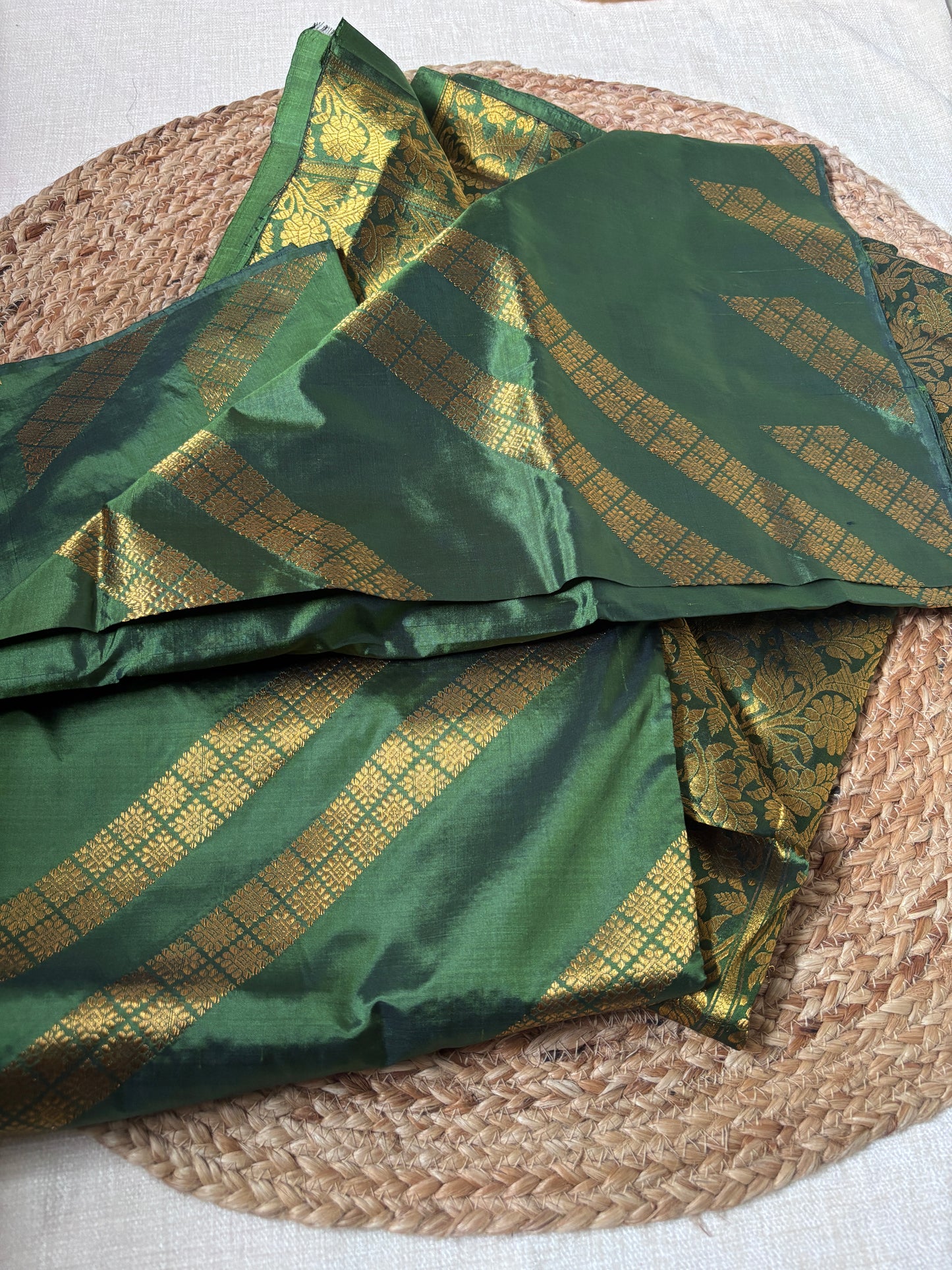 Rear view of Paat Mekhela Chador displaying chador drape with kingkhap border and buti field authentic Sualkuchi Assam handloom weave