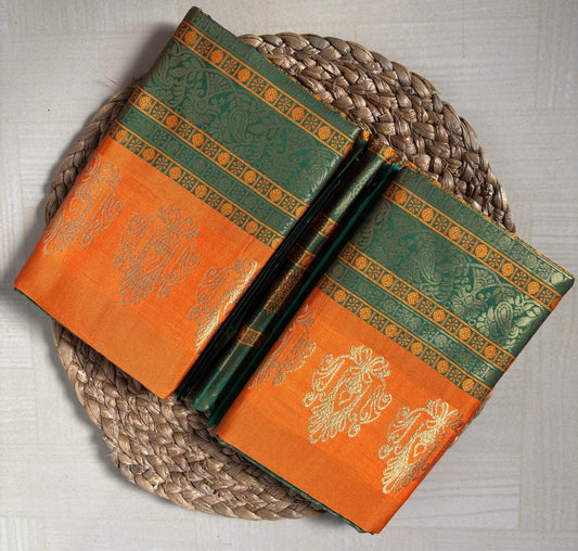 Buy Semi Silk Saree in Orange & Green online – Semi Silk Saree side view