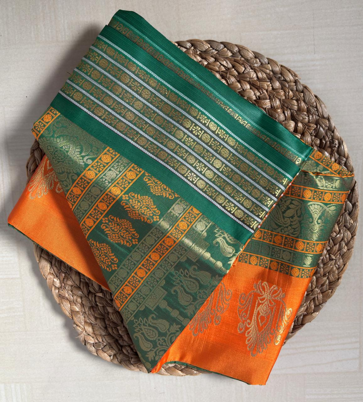 Buy Semi Silk Saree in Orange & Green online – Semi Silk Saree rear view