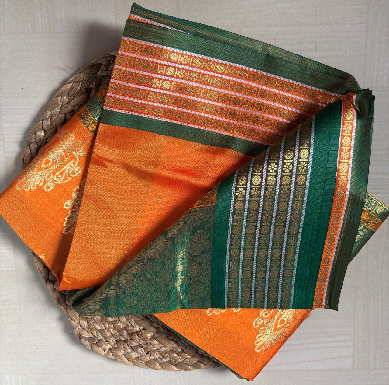 Buy Semi Silk Saree in Orange & Green online – Semi Silk Saree blouse