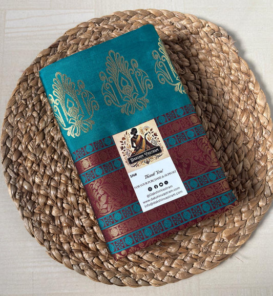Buy Teal Green Semi Silk Saree with Maroon Zari online – Teal Saree front view