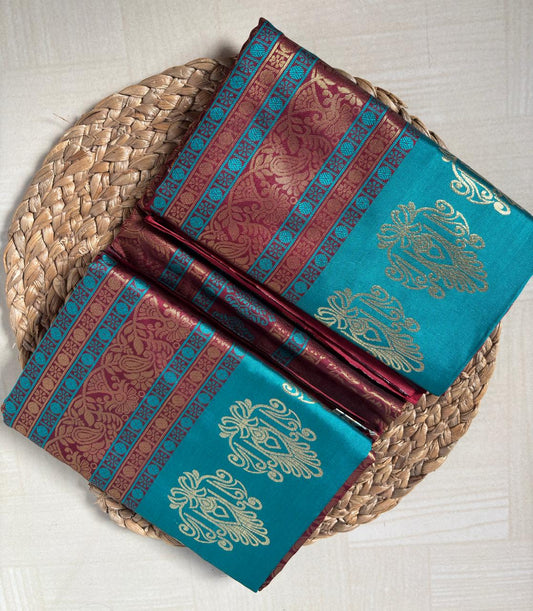 Buy Teal Green Semi Silk Saree with Maroon Zari online – Teal Saree side view