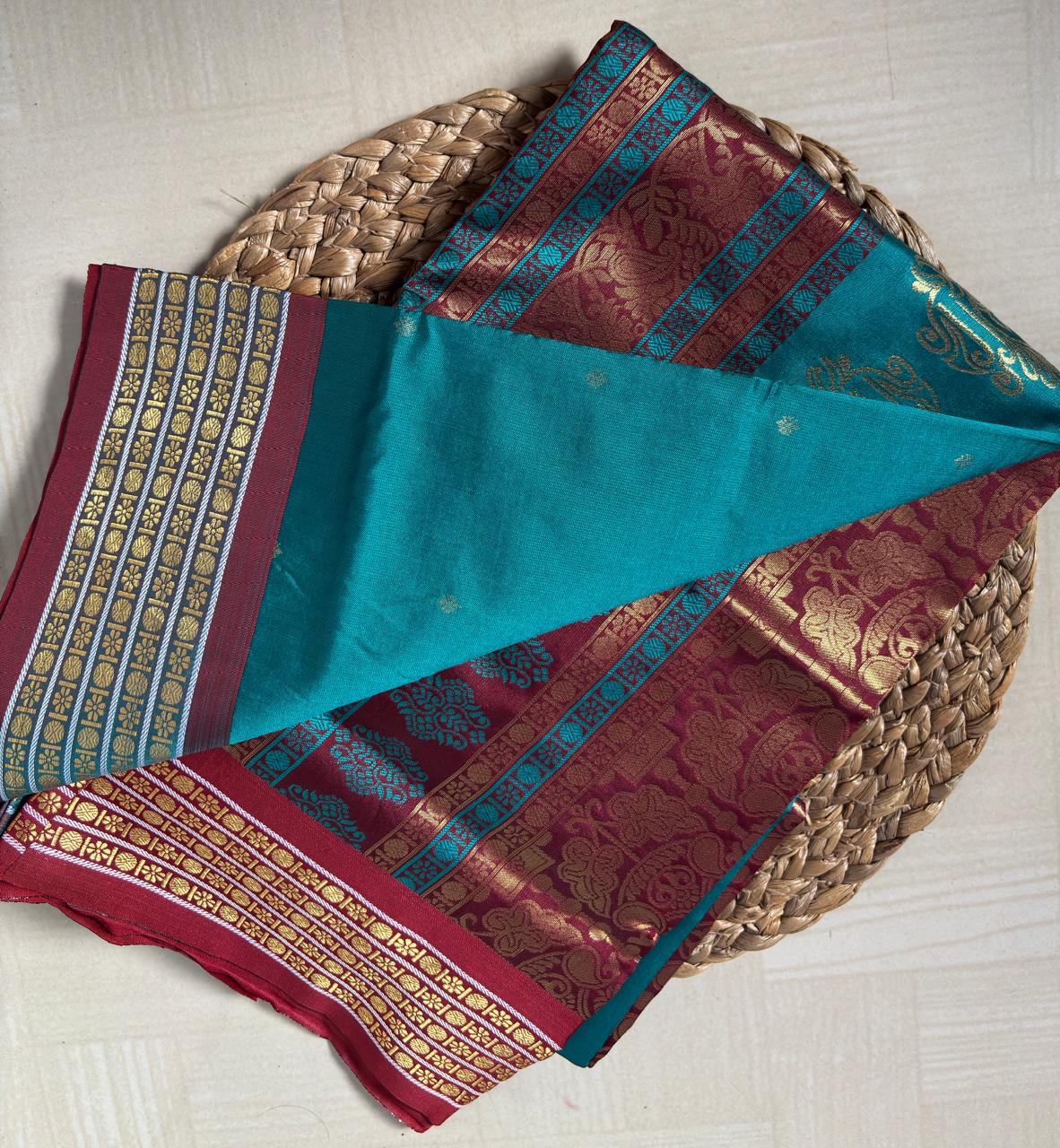 Buy Teal Green Semi Silk Saree with Maroon Zari online – Teal Saree rear view