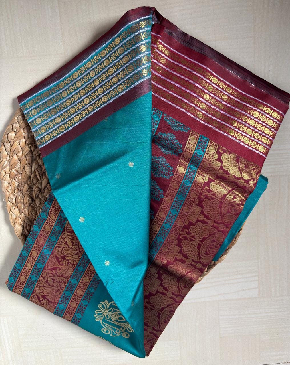 Buy Teal Green Semi Silk Saree with Maroon Zari online – Teal Saree full view