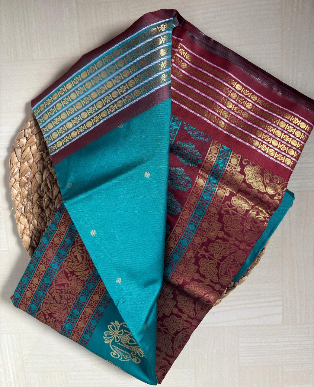 Buy Teal Green Semi Silk Saree with Maroon Zari online – Teal Saree blouse view