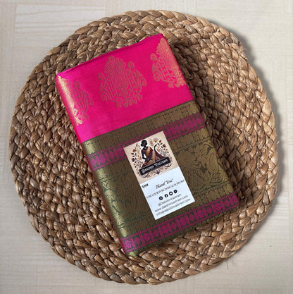 Buy Rani Pink Semi Silk Saree with Olive Zari online – Rani Pink Saree front view