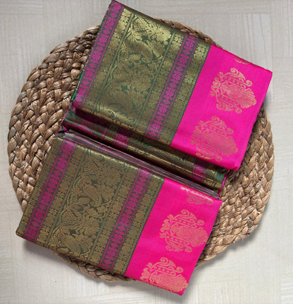 Buy Rani Pink Semi Silk Saree with Olive Zari online – Rani Pink Saree side view
