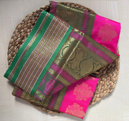 Buy Rani Pink Semi Silk Saree with Olive Zari online – Rani Pink Saree rear view