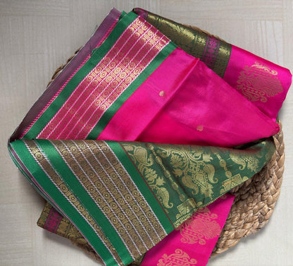 Buy Rani Pink Semi Silk Saree with Olive Zari online – Rani Pink Saree full view