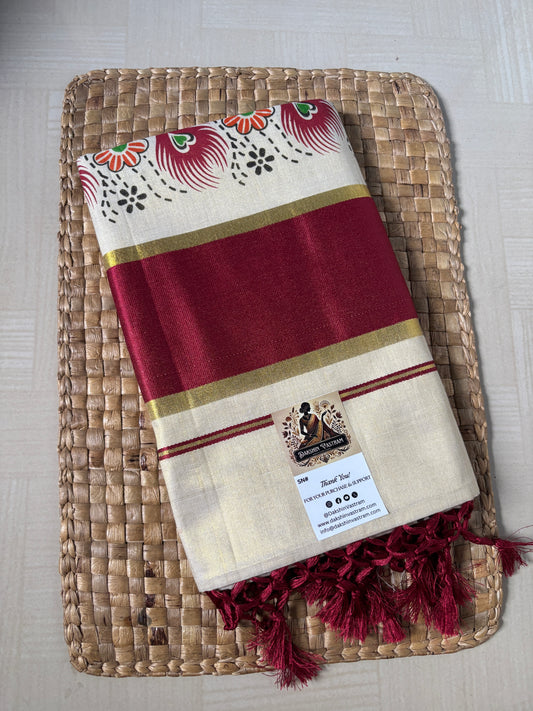Buy Kerala Kasavu Saree with Maroon Border online – Kasavu Saree front view