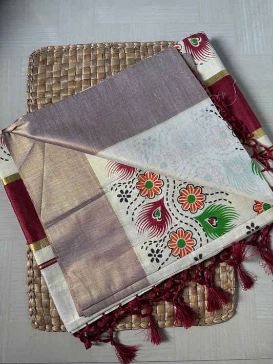 Buy Kerala Kasavu Saree with Maroon Border online – Kasavu Saree side view