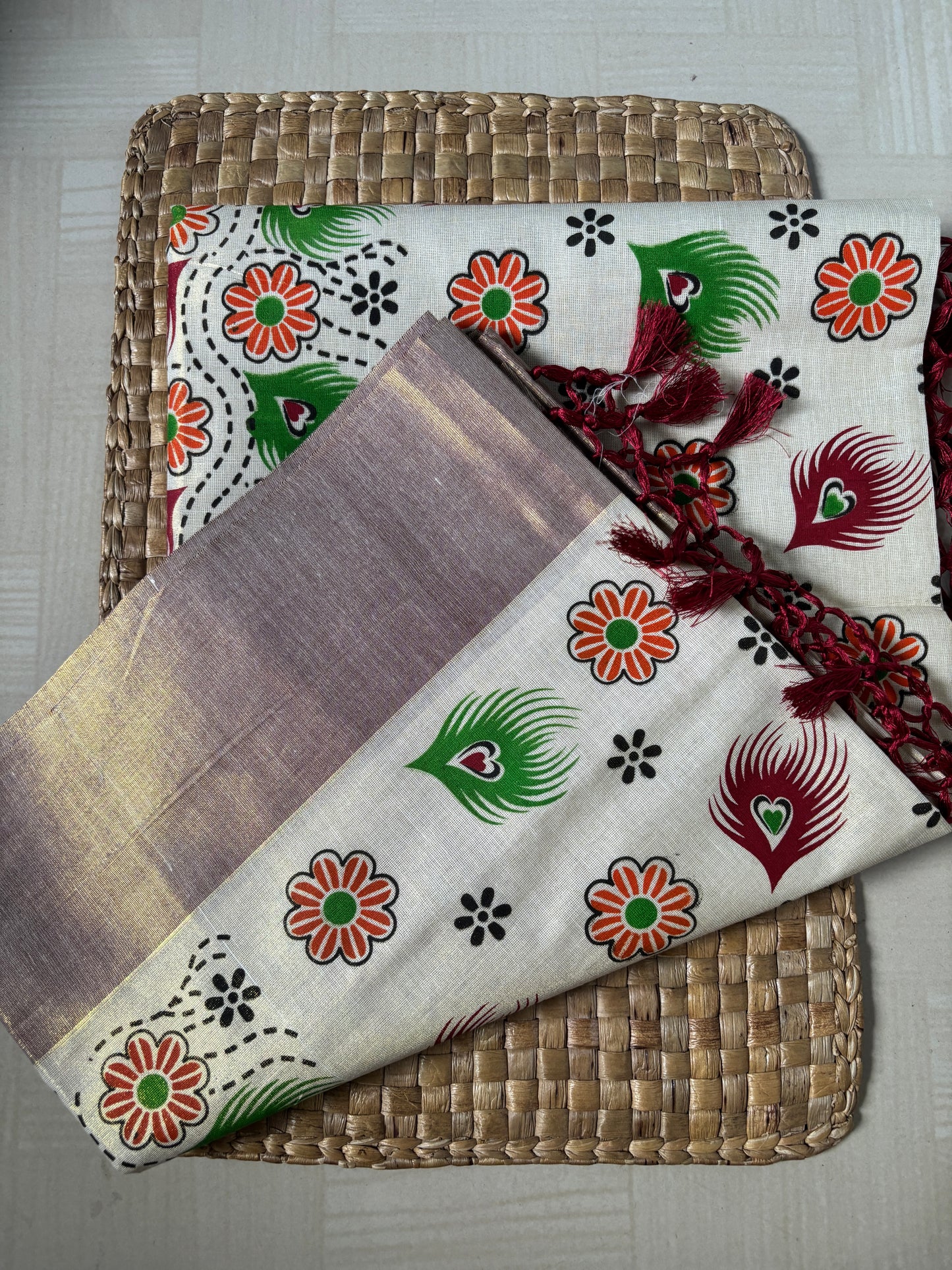 Tissue Kasavu Saree | Off-White Kasavu Saree with Maroon Border & Floral Design
