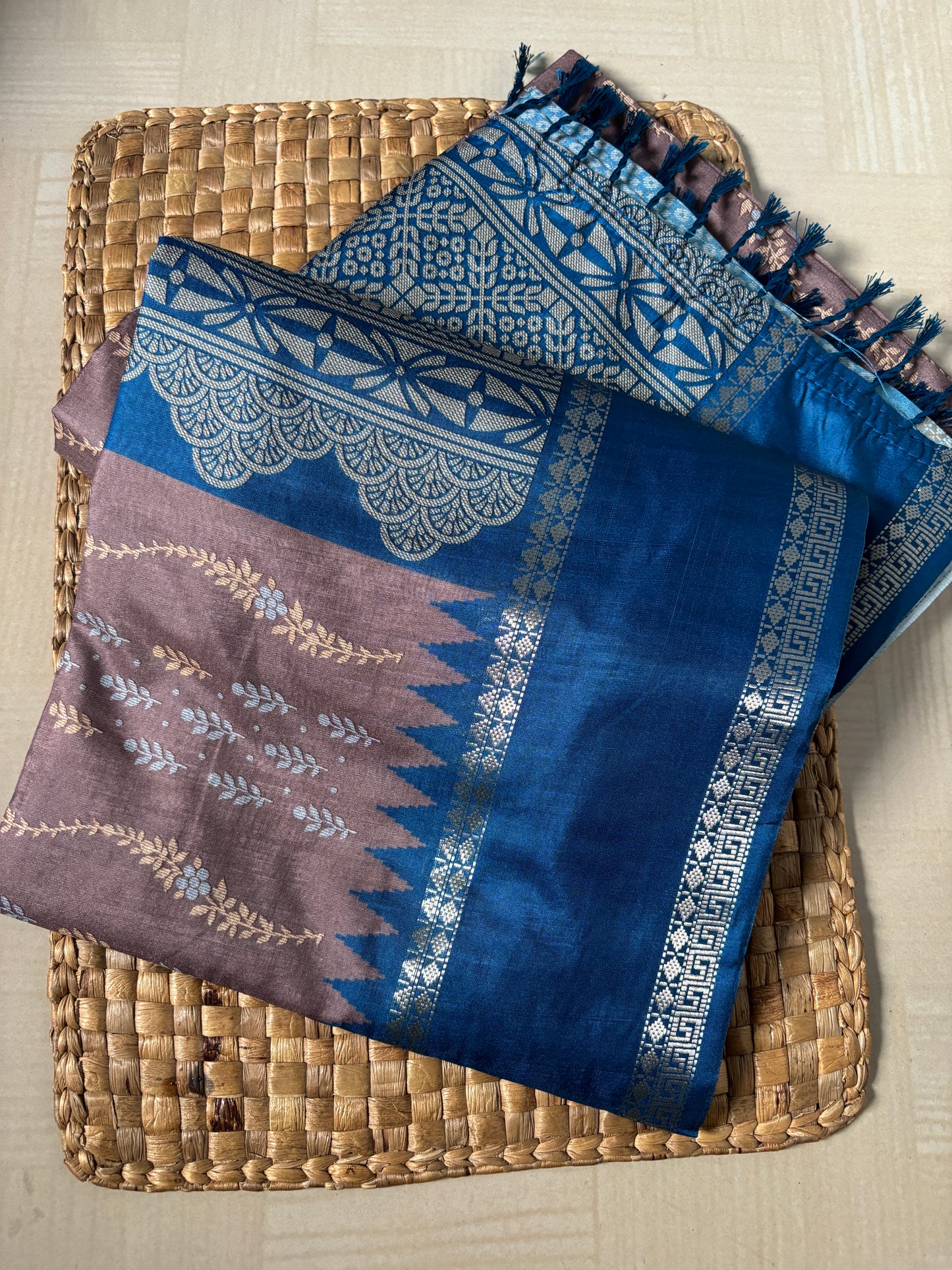 Buy Grey Semi Silk Saree with Blue Border online – Grey Saree rear view