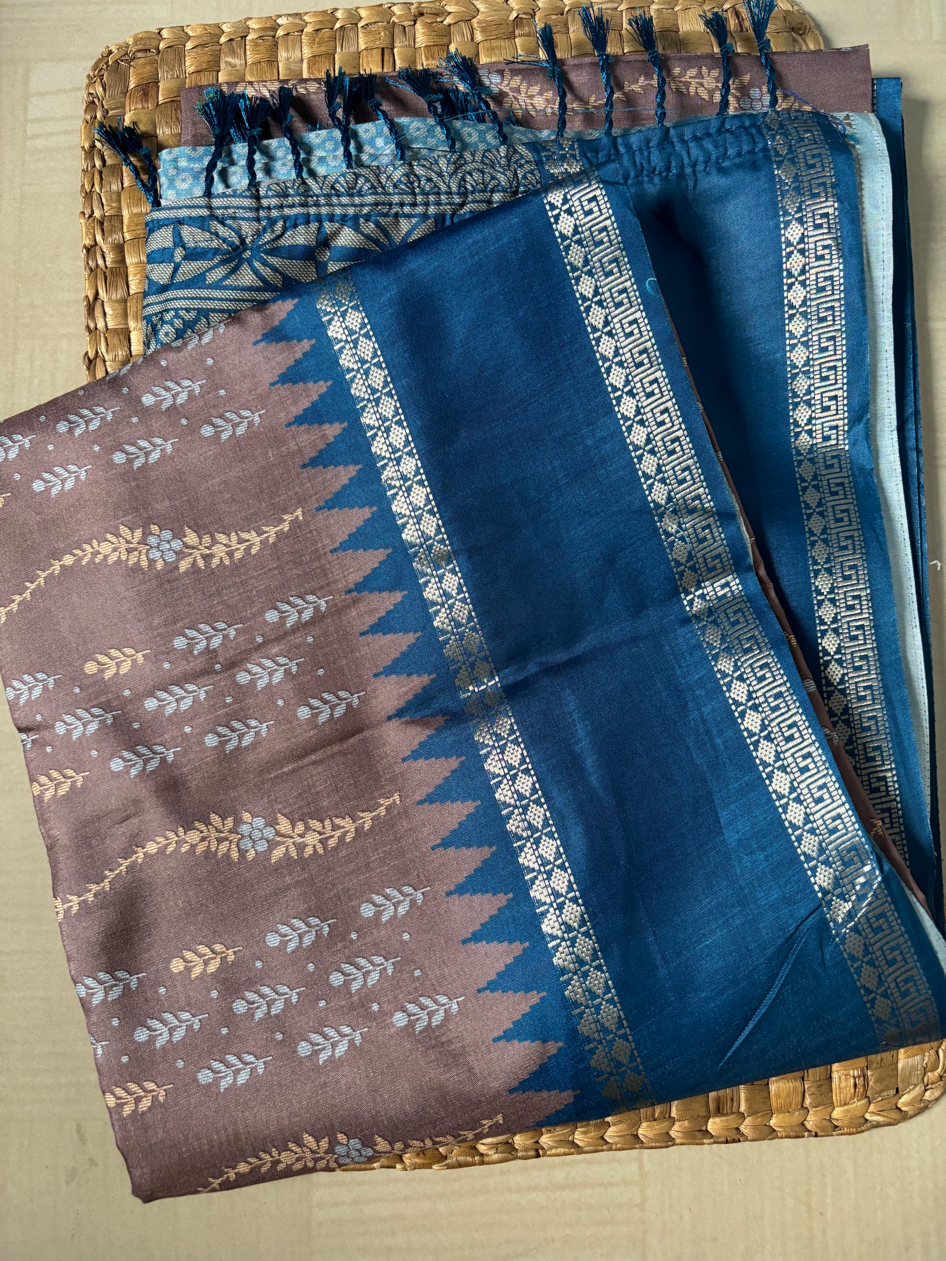 Buy Grey Semi Silk Saree with Blue Border online – Grey Saree full view