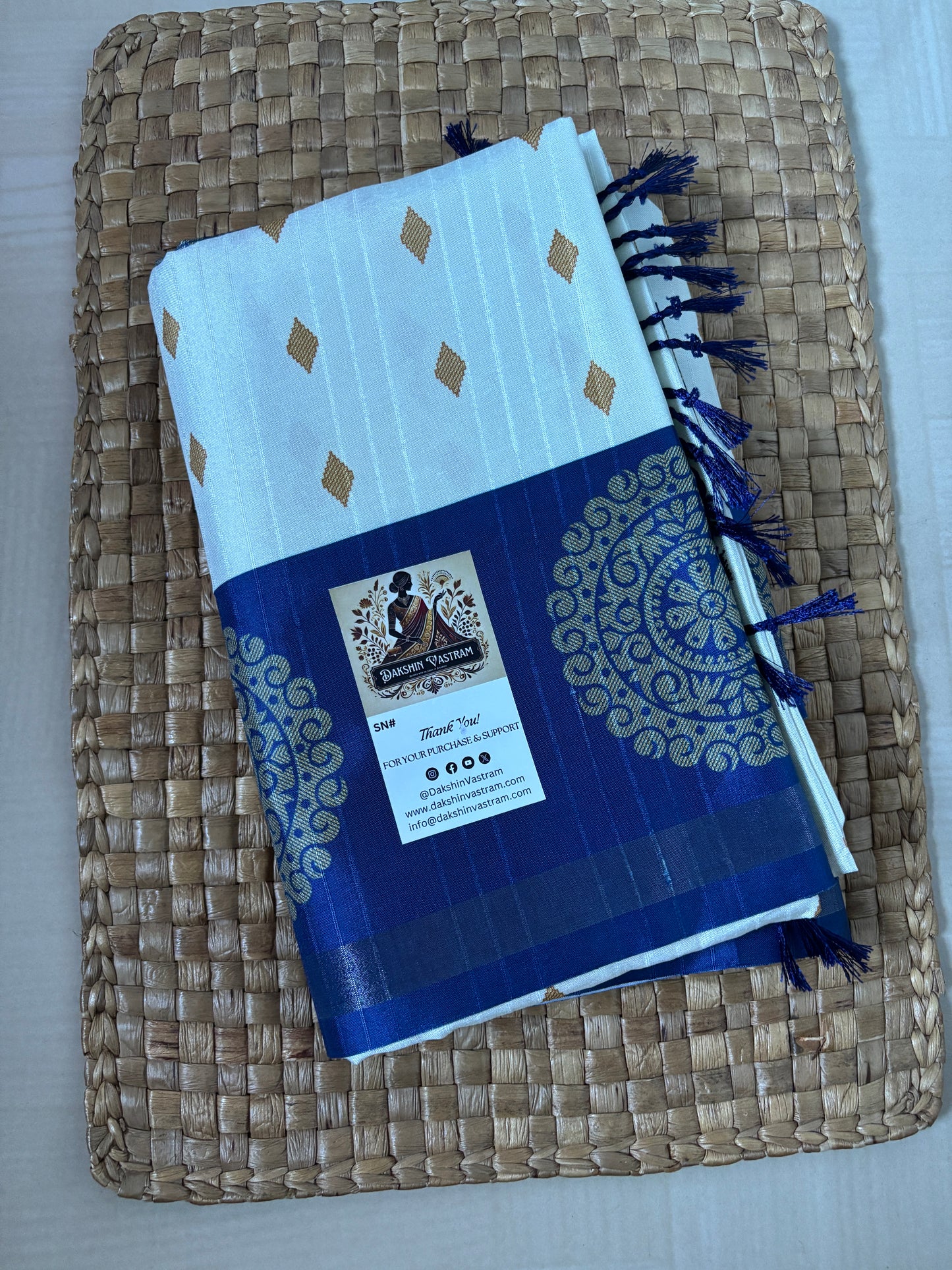 Buy Semi Silk Saree online – White & Blue Semi Silk Saree front view