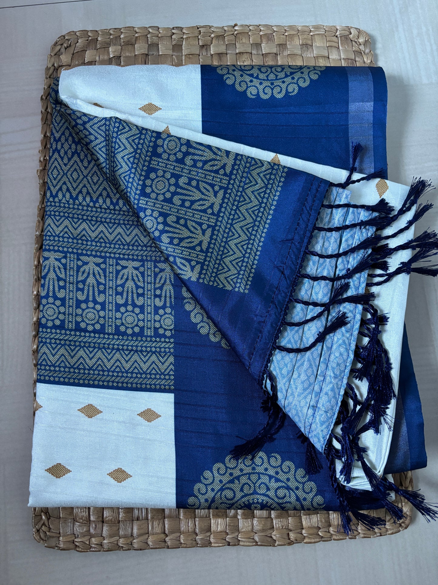Buy Semi Silk Saree online – White & Blue Semi Silk Saree side view