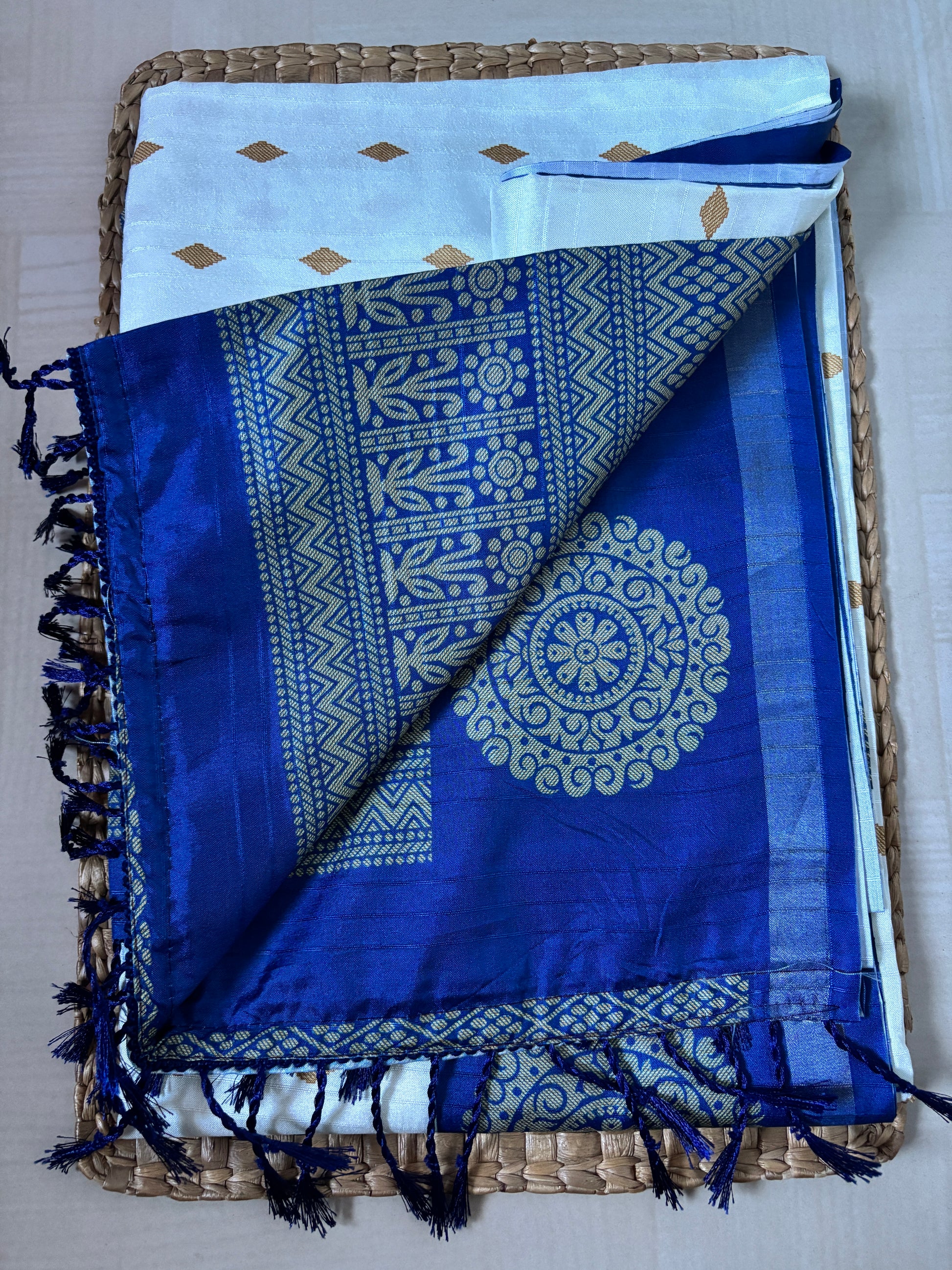 Buy Semi Silk Saree online – White & Blue Semi Silk Saree full view