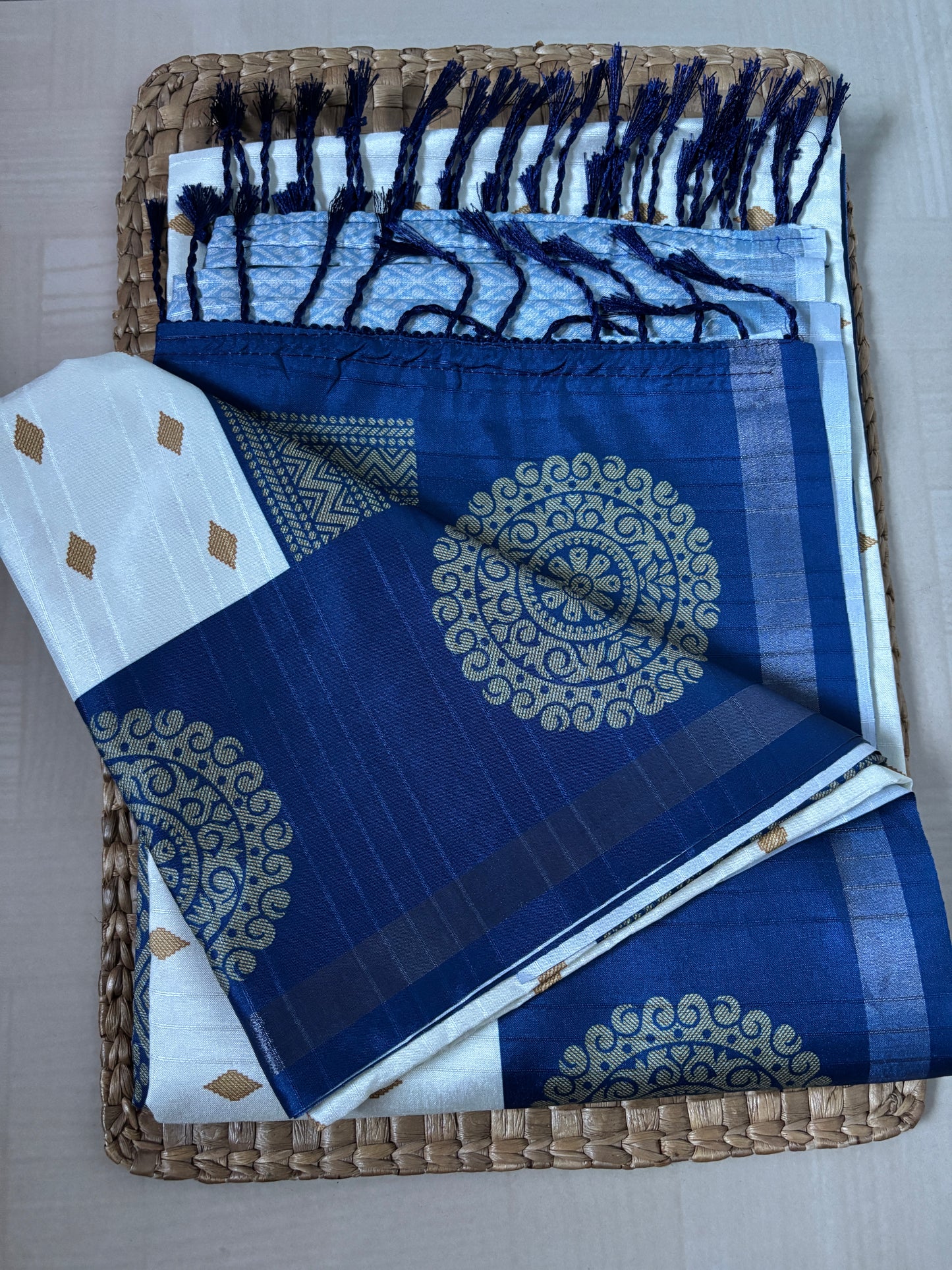 Buy Semi Silk Saree online – White & Blue Semi Silk Saree front view