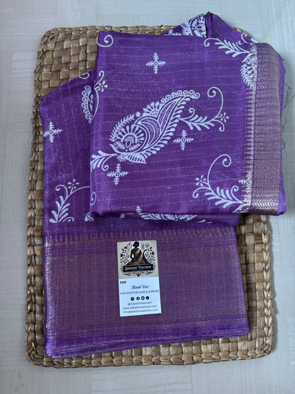 Art Silk | Lavender Art Silk Saree with White Paisley & Zari Border